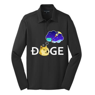 Doge To The Moon Crypto Currency Dogecoin Silk Touch Performance Long Sleeve Polo