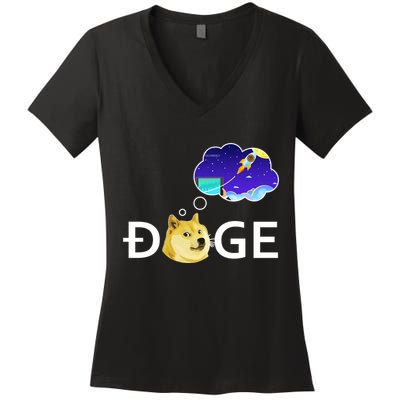 Doge To The Moon Crypto Currency Dogecoin Women's V-Neck T-Shirt