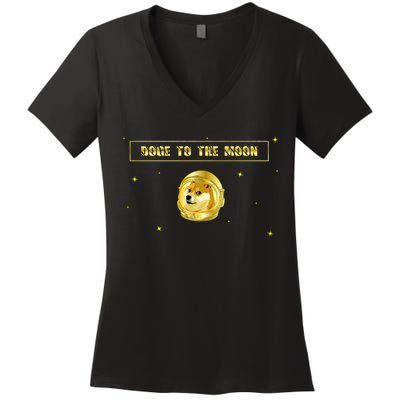 Doge To The Moon Dogecoin Crypto Currency Women's V-Neck T-Shirt