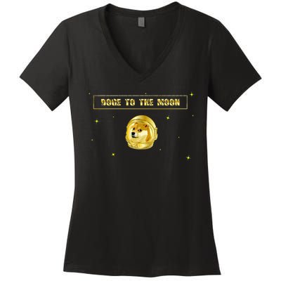 Doge To The Moon Dogecoin Crypto Currency Women's V-Neck T-Shirt