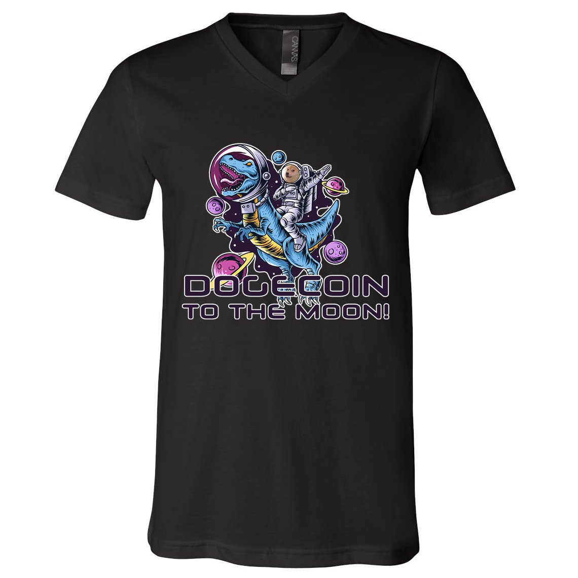 Dogecoin Crypto Currency Doge Dinosaur V-Neck T-Shirt
