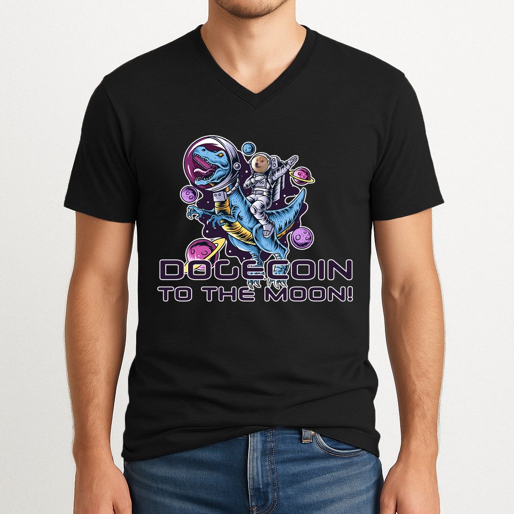 Dogecoin Crypto Currency Doge Dinosaur V-Neck T-Shirt