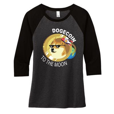 Dogecoin to the moon Women's Tri-Blend 3/4-Sleeve Raglan Shirt