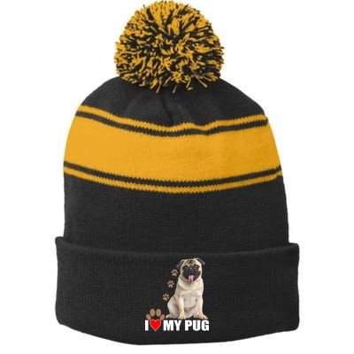 Dogs - I Love My Pug Stripe Pom Pom Beanie