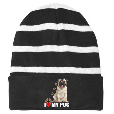 Dogs - I Love My Pug Striped Beanie with Solid Band