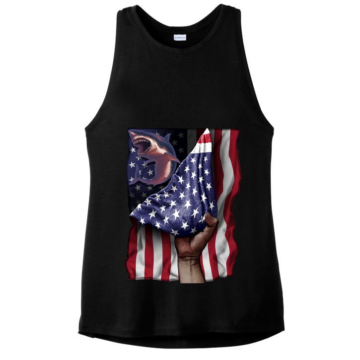 Day Of Independence Us Flag Great White Shark Gift Ladies PosiCharge Tri-Blend Wicking Tank