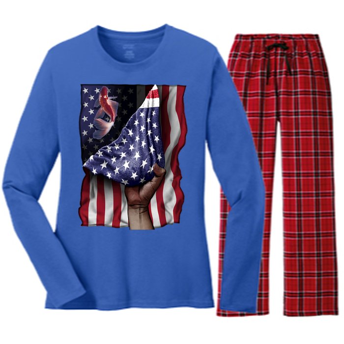 Day Of Independence Us Flag Koi Fish Gift Women's Long Sleeve Flannel Pajama Set 