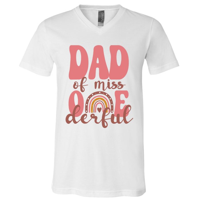 Dad Of Little Miss Onederful 1st Bday Boho Rainbow V-Neck T-Shirt