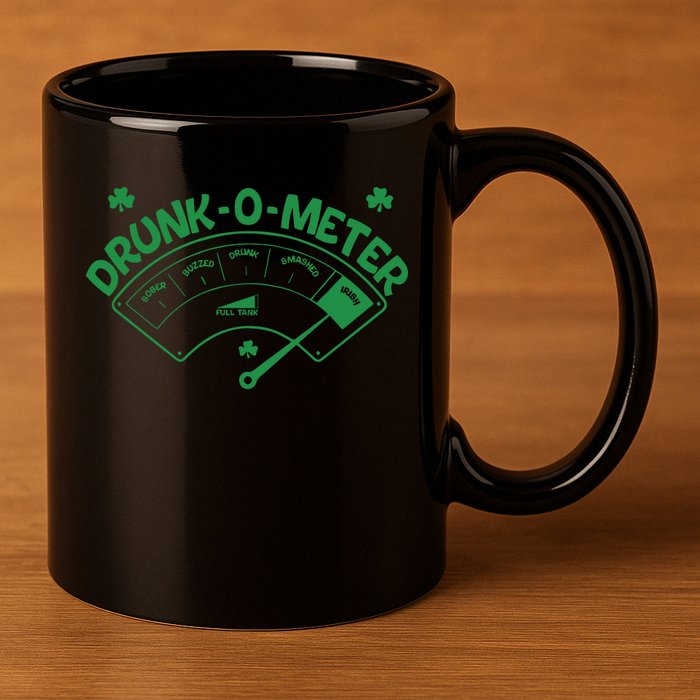 Drunk O Meter Sober Boozed Drunk Smashed Irish Clover Shamrocks 11oz C Handle Ceramic Mug