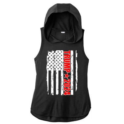 Donald Trump 2024 Distressed US Flag Ladies PosiCharge Tri-Blend Wicking Draft Hoodie Tank