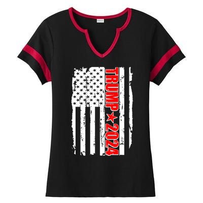 Donald Trump 2024 Distressed US Flag Ladies Halftime Notch Neck Tee