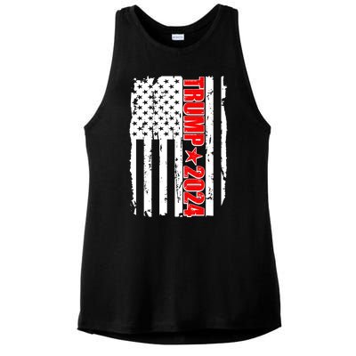 Donald Trump 2024 Distressed US Flag Ladies PosiCharge Tri-Blend Wicking Tank