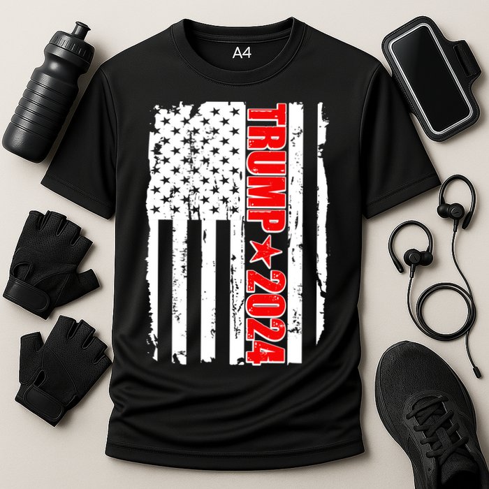 Donald Trump 2024 Distressed US Flag Cooling Performance Crew T-Shirt