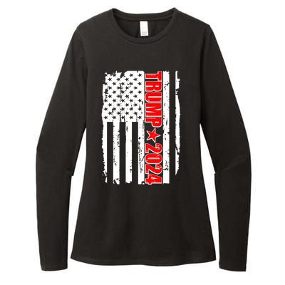 Donald Trump 2024 Distressed US Flag Womens CVC Long Sleeve Shirt