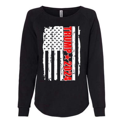 Donald Trump 2024 Distressed US Flag Womens California Wash Sweatshirt