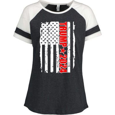 Donald Trump 2024 Distressed US Flag Enza Ladies Jersey Colorblock Tee