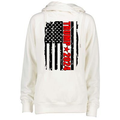 Donald Trump 2024 Distressed US Flag Womens Funnel Neck Pullover Hood