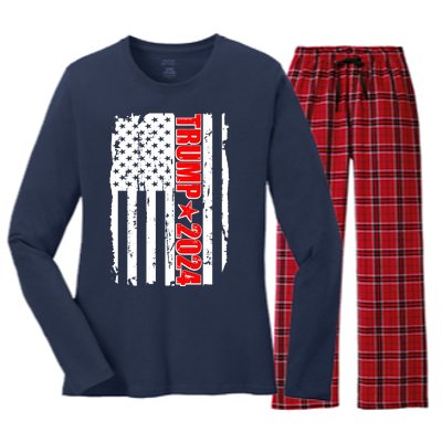 Donald Trump 2024 Distressed US Flag Women's Long Sleeve Flannel Pajama Set 