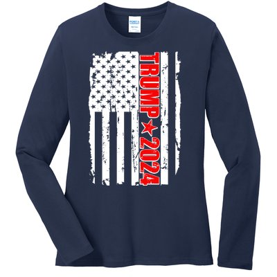 Donald Trump 2024 Distressed US Flag Ladies Long Sleeve Shirt