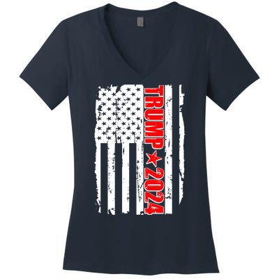 Donald Trump 2024 Distressed US Flag Women's V-Neck T-Shirt