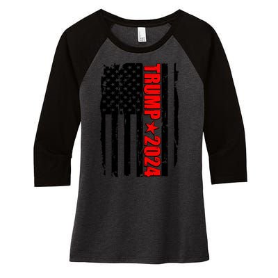 Donald Trump 2024 Distressed US Flag Women's Tri-Blend 3/4-Sleeve Raglan Shirt