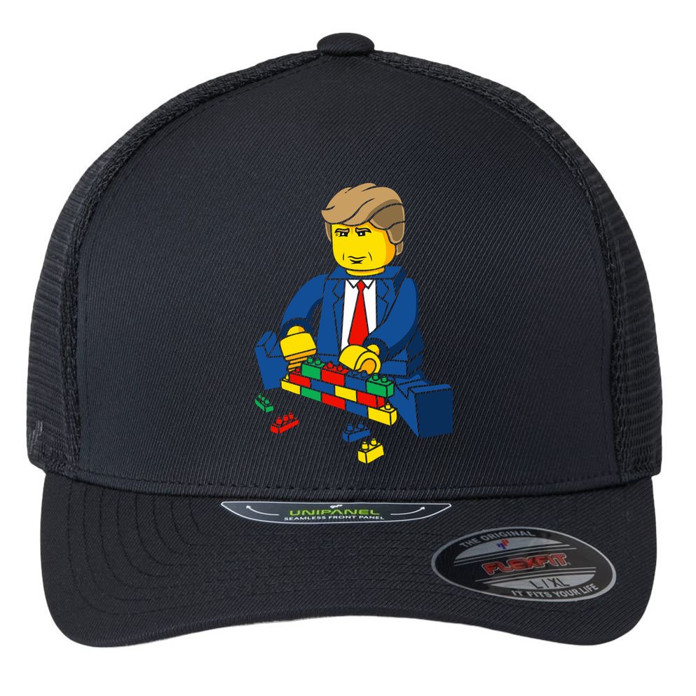 Donald Trump Building a Wall out of Toys Flexfit Unipanel Trucker Cap