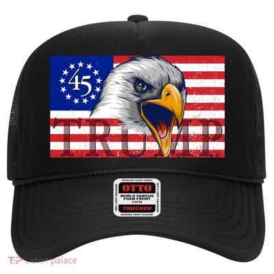Donald Trump Eagle Betsy Ross Flag High Crown Mesh Back Trucker Hat
