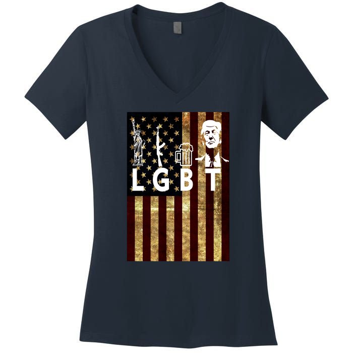 Donald Trump LGBT Liberity Guns Beer Trump USA Flag Women's V-Neck T-Shirt