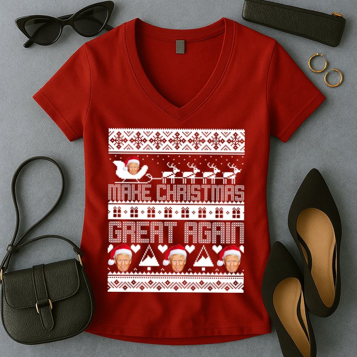 Donald Trump Make Christmas Great Again Ugly Christmas Women's V-Neck T-Shirt