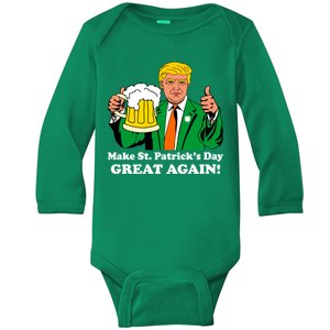 Donald Trump Make St. Patrick's Day Great Again Beer Drinking Baby Long Sleeve Bodysuit