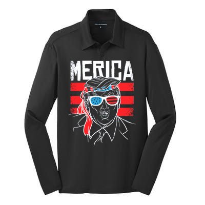 Donald Trump Merica USA Flag America Silk Touch Performance Long Sleeve Polo