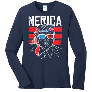 Donald Trump Merica USA Flag America Ladies Long Sleeve Shirt