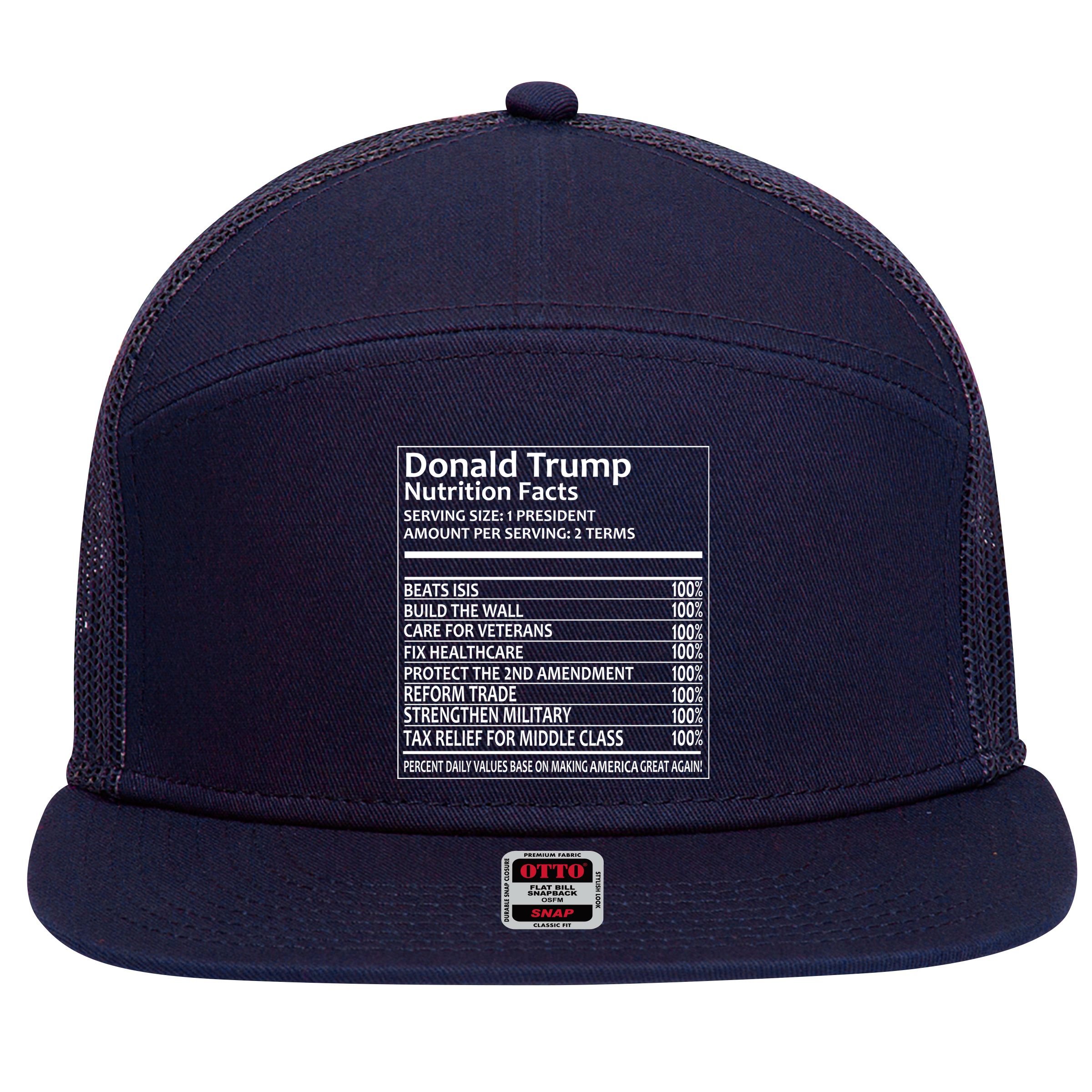 Donald Trump Nutrition Facts 7 Panel Mesh Trucker Snapback Hat