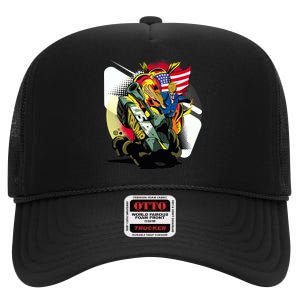 Donald Trump Riding Army Tank High Crown Mesh Back Trucker Hat