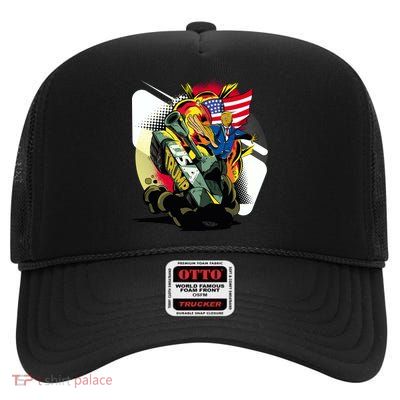 Donald Trump Riding Army Tank High Crown Mesh Back Trucker Hat