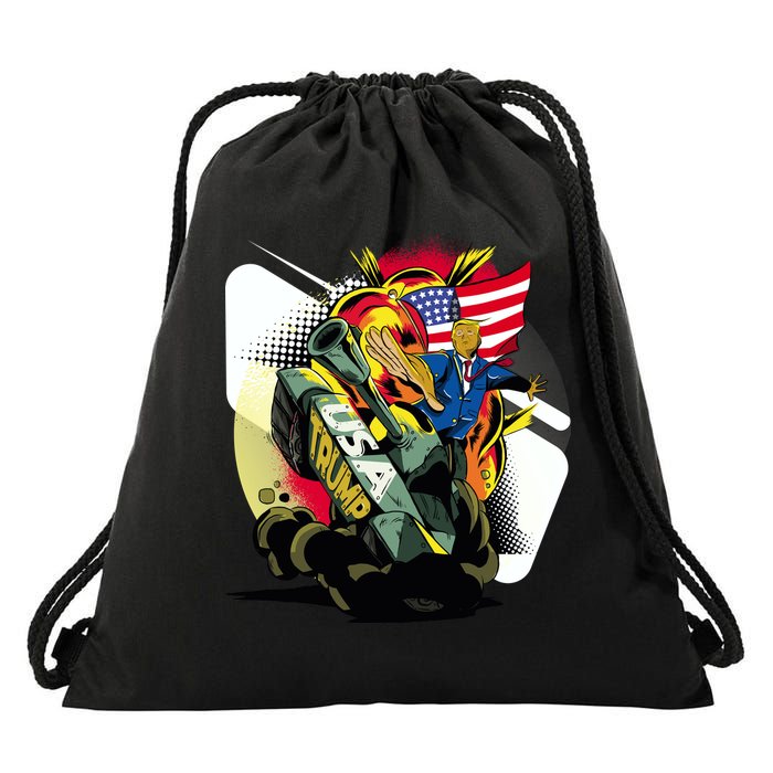 Donald Trump Riding Army Tank Drawstring Bag