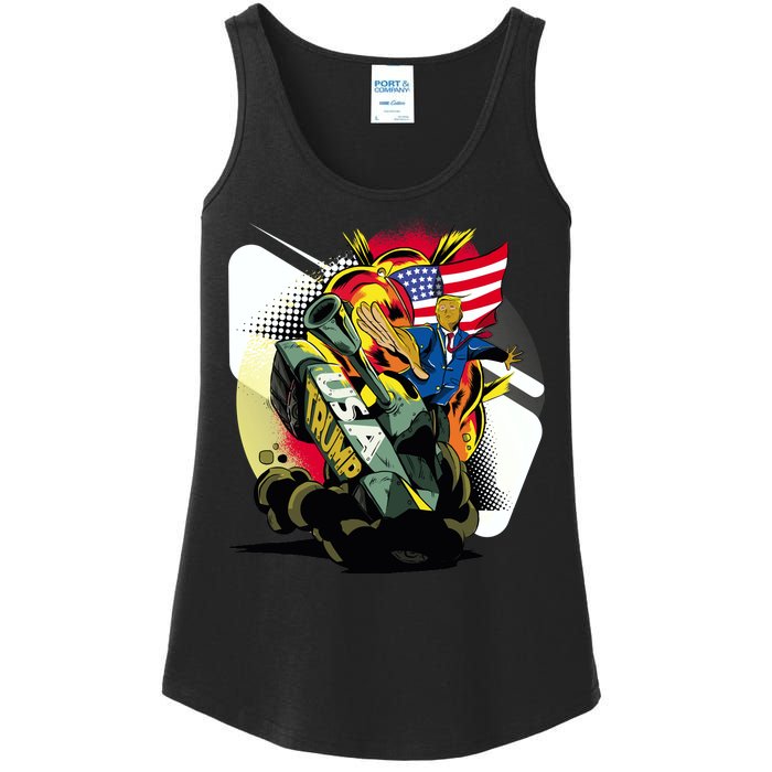 Donald Trump Riding Army Tank Ladies Essential Tank