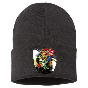 Donald Trump Riding Army Tank Sustainable Knit Beanie