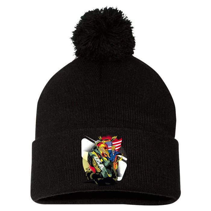 Donald Trump Riding Army Tank Pom Pom 12in Knit Beanie