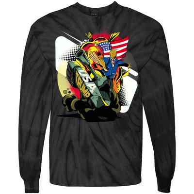 Donald Trump Riding Army Tank Tie-Dye Long Sleeve Shirt