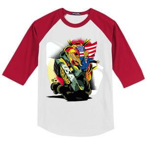 Donald Trump Riding Army Tank Kids Colorblock Raglan Jersey