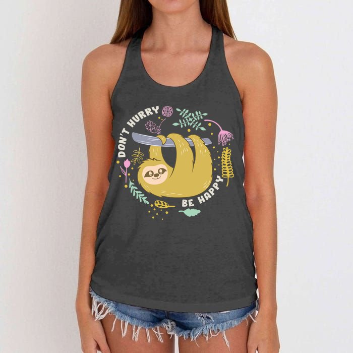 Don't Hurry Be Happy Funny Sloth Women's Knotted Racerback Tank