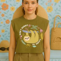 Don't Hurry Be Happy Funny Sloth Garment-Dyed Women's Muscle Tee