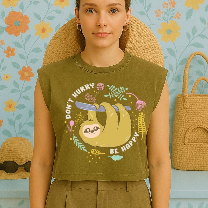 Don't Hurry Be Happy Funny Sloth Garment-Dyed Women's Muscle Tee