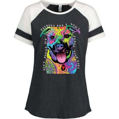 Don't Judge My Pitbull Won't Judge Your Kids Enza Ladies Jersey Colorblock Tee