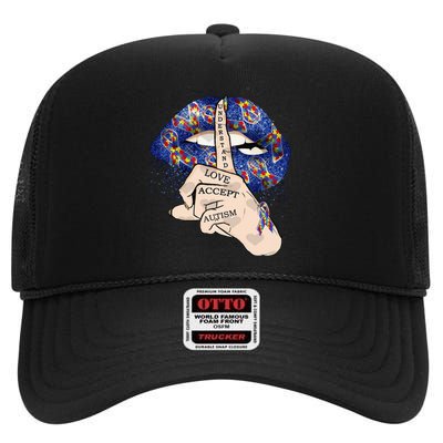 Don't Judge What You Don't Understand Autism Awareness Lip High Crown Mesh Back Trucker Hat