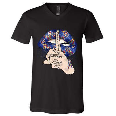 Don't Judge What You Don't Understand Autism Awareness Lip V-Neck T-Shirt