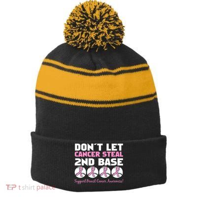 Don't Let Breast Cancer Steal Second 2nd Base Stripe Pom Pom Beanie