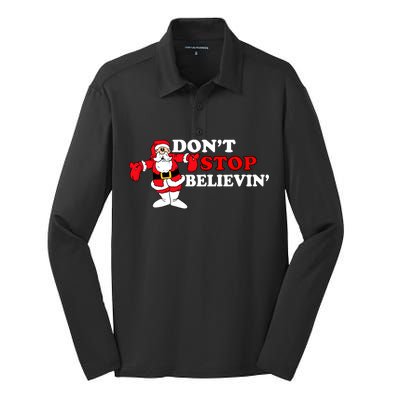 Don't Stop Believin Santa Silk Touch Performance Long Sleeve Polo