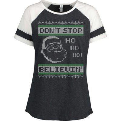 Don't Stop Believin Santa Ho Ugly Christmas Enza Ladies Jersey Colorblock Tee